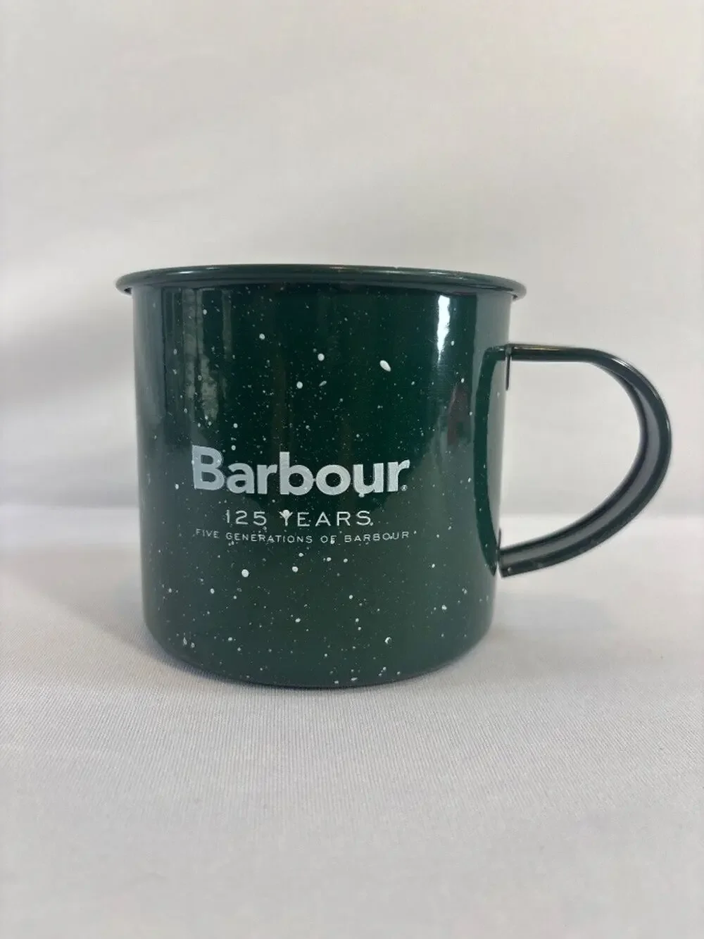 Barbour 125 Years Five Generations Enamel Camp Mug Green Speckle Collectible